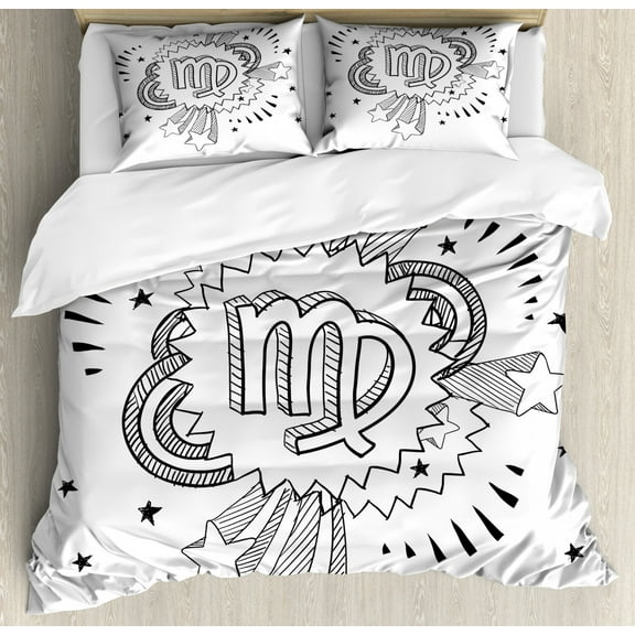 Zodiac Virgo King Size Duvet Cover Set, Doodle Style Astrology Symbol on 1960s 1970s Pop Explosion Background, Decorative 3 Piece Bedding Set with 2 Pillow Shams, Black and White, by Ambesonne