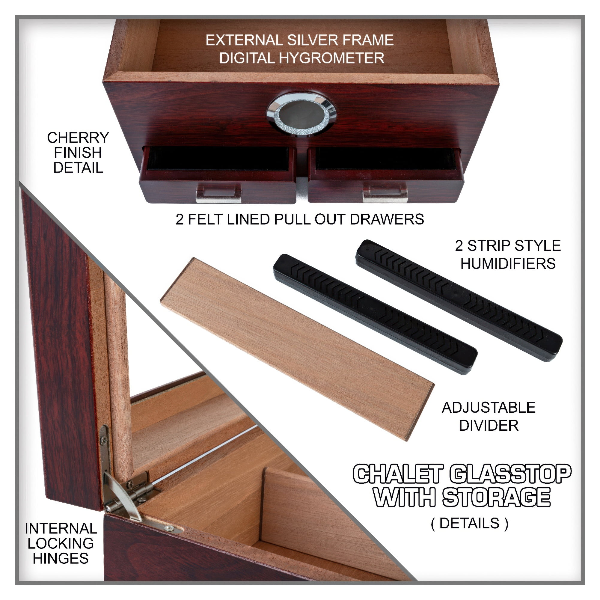 Prestige Import Group Chalet Glass Top Cigar Humidor with Digital Hydrometer & 2 Storage Drawers - 25 to 50 Capacity - Color: Cherry