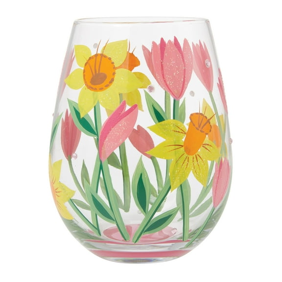 Enesco Lolita Spring Bloom Hand Painted Stemless Wine Glass 5in H