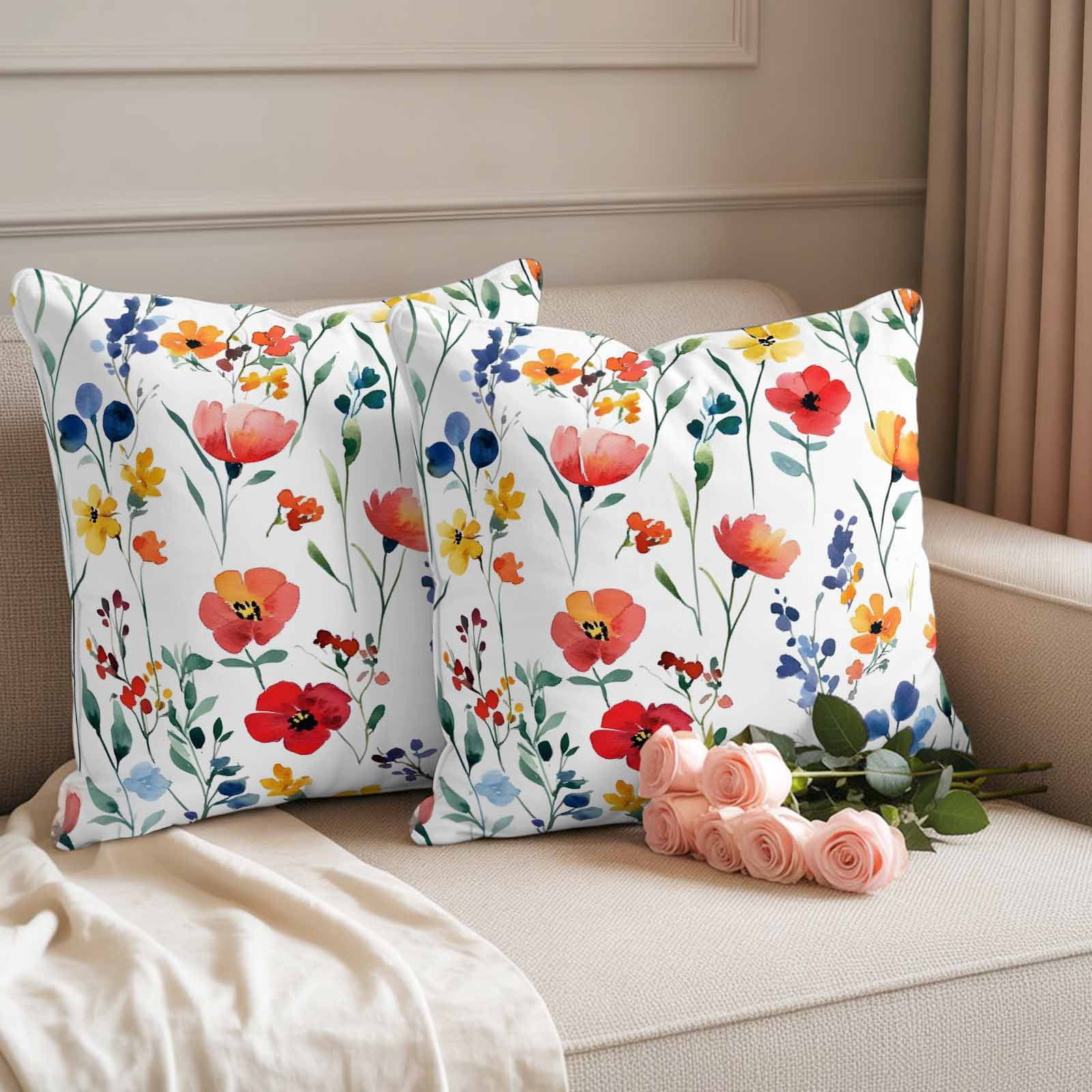 Red Yellow Blue Poppy Pillow Covers 2 Pack Independence Day Pillowcase Waterproof Outdoor Throw Pillow Cover for Patio Garden Square Cushion 24”x24”