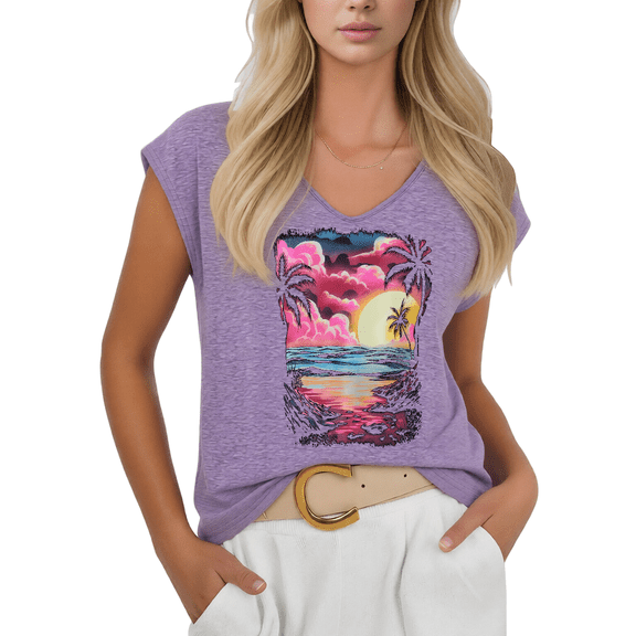 Cozymy Womens Tropical Sunset Beach Palm Tree Print Tshirt V Neck Sleeveless Tshirt Graphic Tees Shirts Summer Casual Vacation Tops S 5XL
