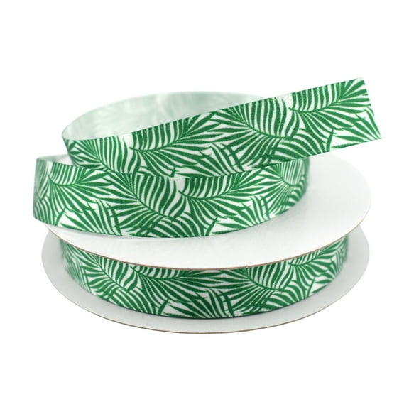 Homeford Summer Tropical Fern Leaves Satin Ribbon, 5/8-inch, 10-yard, White