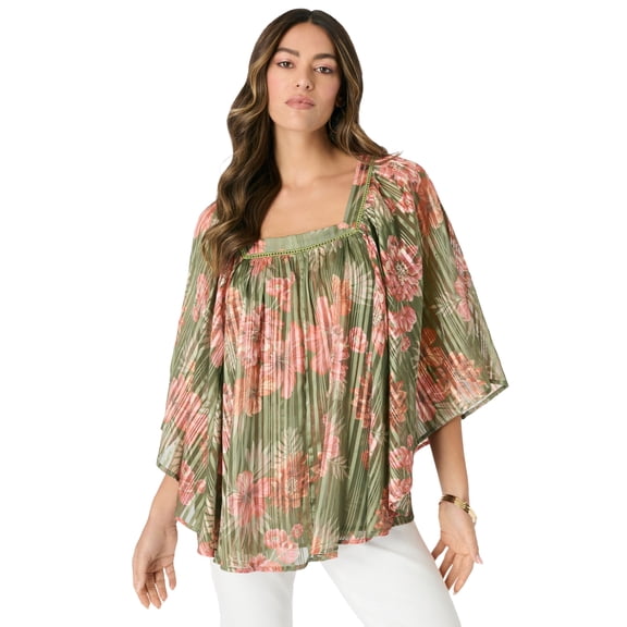 Roaman's Women's Plus Size Square Neck Lurex Blouse