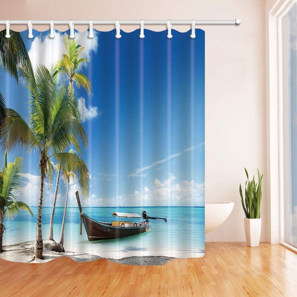 BPBOP Nautical Tropical Seascape Seashore Ship on Sea with Coconut Tree