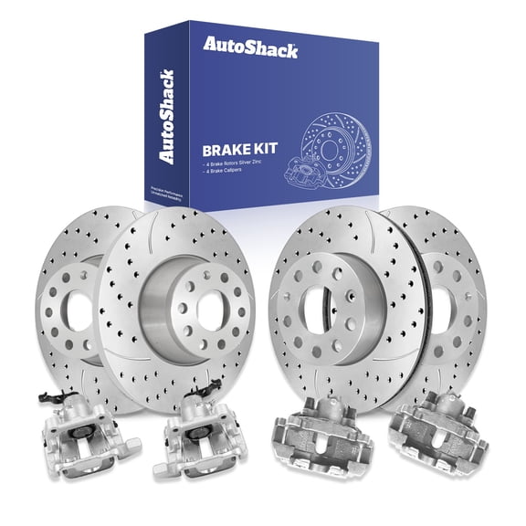 AutoShack Front & Rear Brake Rotors & Calipers for Volkswagen, Jetta 2006-2007, FWD L4 1.9L L5 2.5L - Silver Zinc Coated Drilled & Slotted - SilverShield Pro