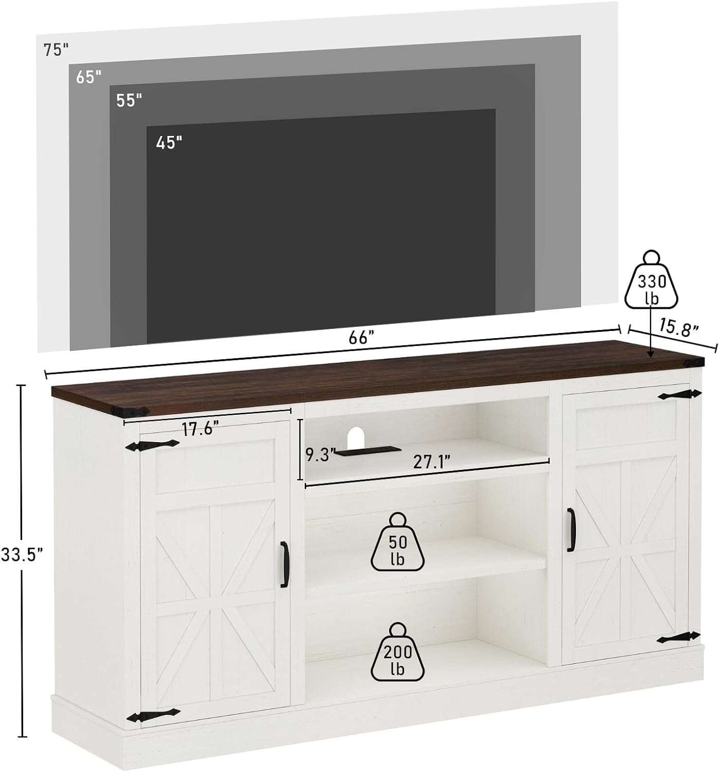 ChVans Farmhouse TV Stand for 65" 70" up 75" TVs with Power Outlet, 33" Tall TV Stand Entertainment Center with Storage, White TV Consoles For Living room Bedroom