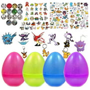 Playoly 8'' Jumbo Toy Fill Easter Eggs Hunt Party Favor Supplies With 12 pc Assorted Pokemon Theme Toys Figurines, Keychain, Pin Stickers and More