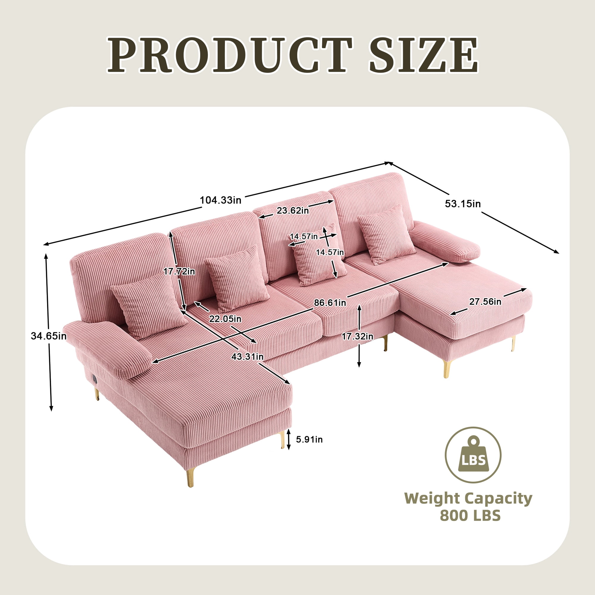 MOONMISS Corduroy Upholstered U-shaped Adjustable Light Modular Sectional Sofa With Type-C and USB ports-Pink