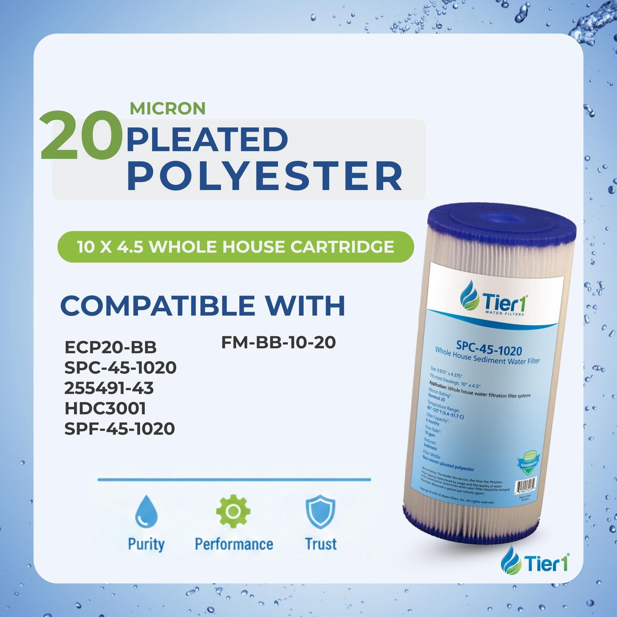 Tier1 20 Micron 10 Inch x 4.5 Inch | Pleated Whole House Sediment Water Filter Replacement Cartridge | Compatible with Pentek ECP20-BB, Hydronix SPC-45-1020, 255491-43, Home Water Filter
