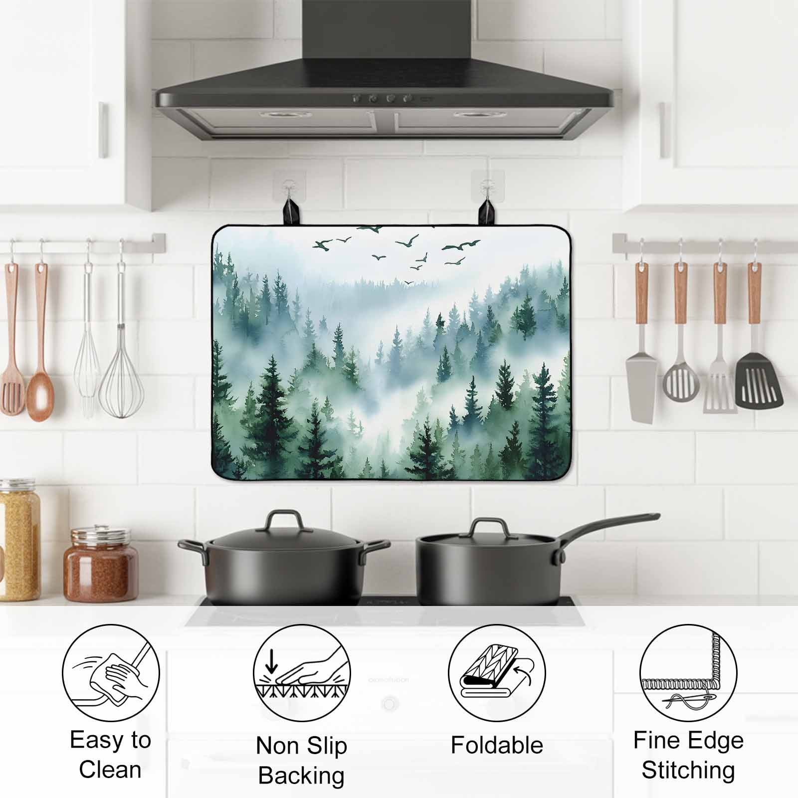 Green Ombre Mountain Stove Top Cover for Electric Stove, Heat-proof & Non Slip Glass Top Stove Cover Protector, Watercolor Forest Kitchen Flat Cooktop Rubber Mat 24x21 Inches