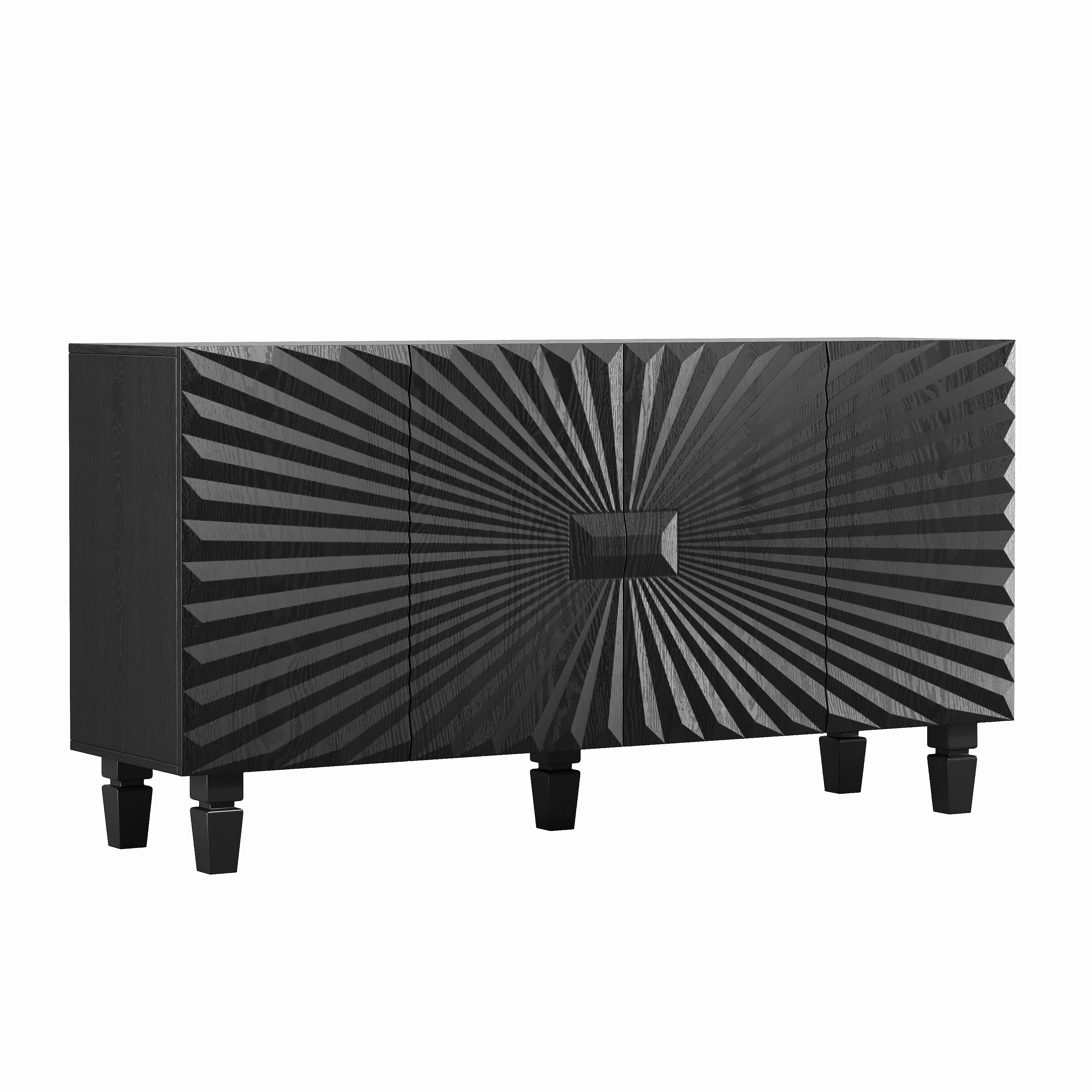 Homy Casa 59 in Modern Sunburst Sideboard Buffet Cabinet, 4-Door Storage Credenza, Black