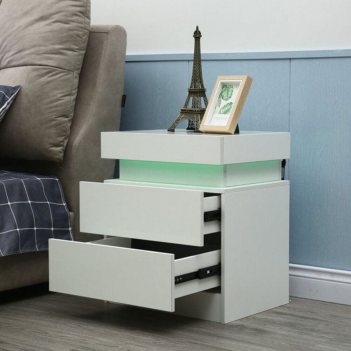 LED Nightstand Modern Nightstand with Led Lights Wood Led Bedside Table Nightstand with 2 High Gloss Drawers for Bedroom, Dorm, White - image 2 of 8