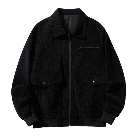 Holloyiver New Fashion Casual Coat Long Corduroy Lapel Coat For Men Long Sleeve Hoodless Casual Outwear & Jackets Black