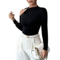 thumbnail image 3 of Camiseta Elegante Asimétrica con Cuello Alto, Hombros Descubiertos y Decoración Metálica para Mujer, Camisas Fruncidas Ajustadas de Larga Negro L, 3 of 8