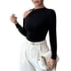 thumbnail image 3 of Camiseta Elegante Asimétrica con Cuello Alto, Hombros Descubiertos y Decoración Metálica para Mujer, Camisas Fruncidas Ajustadas de Larga Negro S, 3 of 8