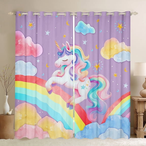 Manfei Teens Unicorn Curtains Pack of 2 (42x63), Rainbow Galaxy Curtains for Living Room, Cartoon Theme Black Out Curtains, Window Drapes Room Decorative