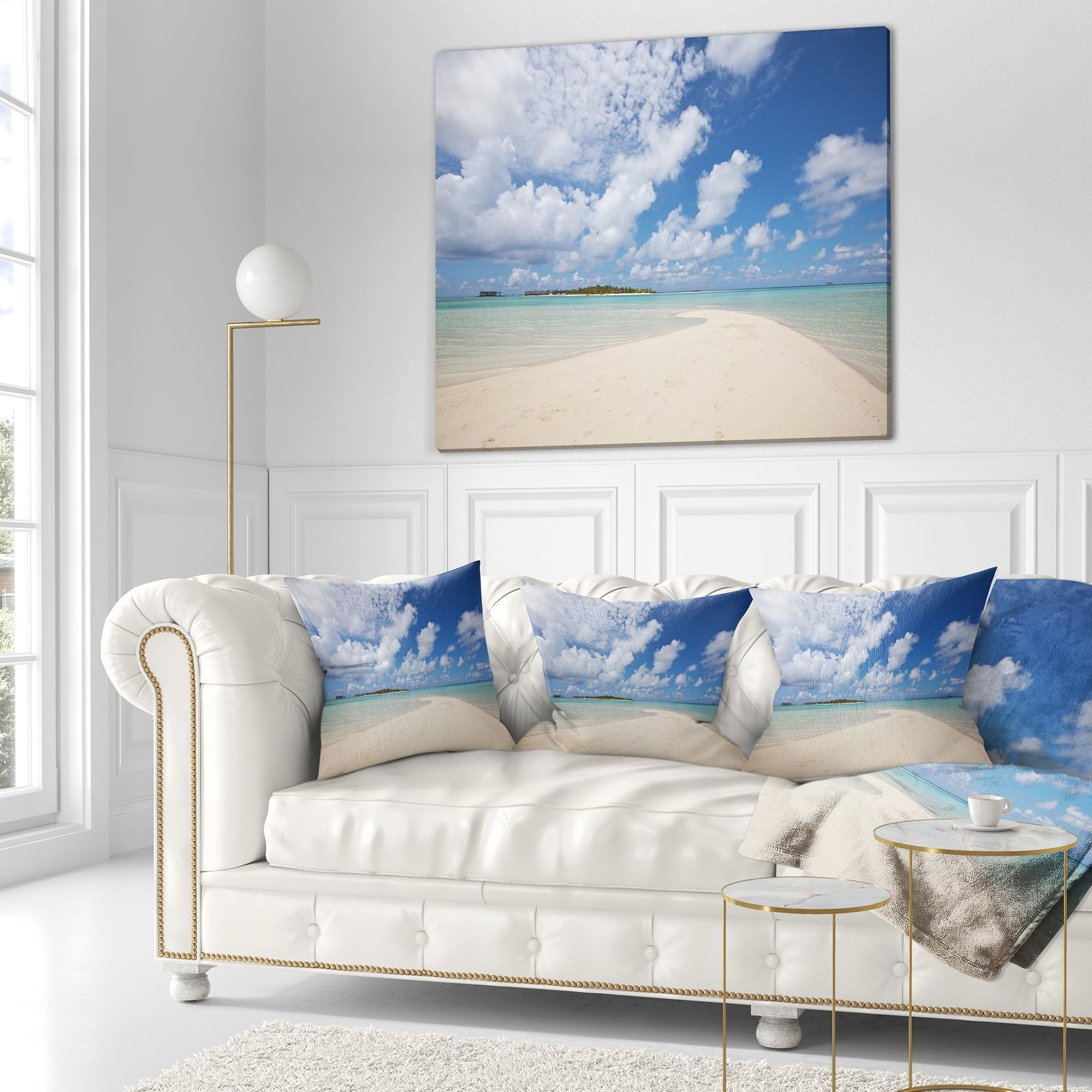 Designart Serene Maldives Beach under Clouds - Seascape Throw Pillow - 18x18