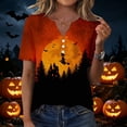 thumbnail image 4 of Domuza Women's Halloween Shirts V Neck Short Sleeve Casual Holiday Henley T Shirt Fall Novelty Horror Graphics Retro Button Tees-D M, 4 of 6