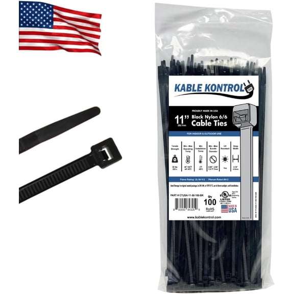 Kable Kontrol Made In USA Cable Zip Ties - 11.2" Inch Long - 50 Lbs Tensile Strength - 100 Pcs Pack - UV Resistant Black