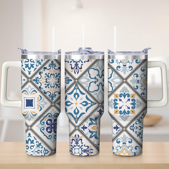 Blue and White Tile Pattern Stainless Steel Insulated Mug with Lid and Handle, 30oz