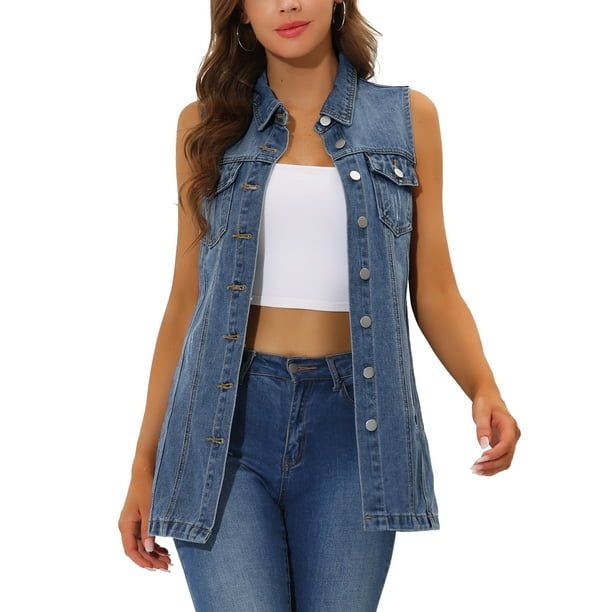 INSPIRE CHIC Chaleco de Mezclilla para Mujer Sin Mangas con Botones, Longitud Media, Chaleco Casual de Jean 2XL Azul