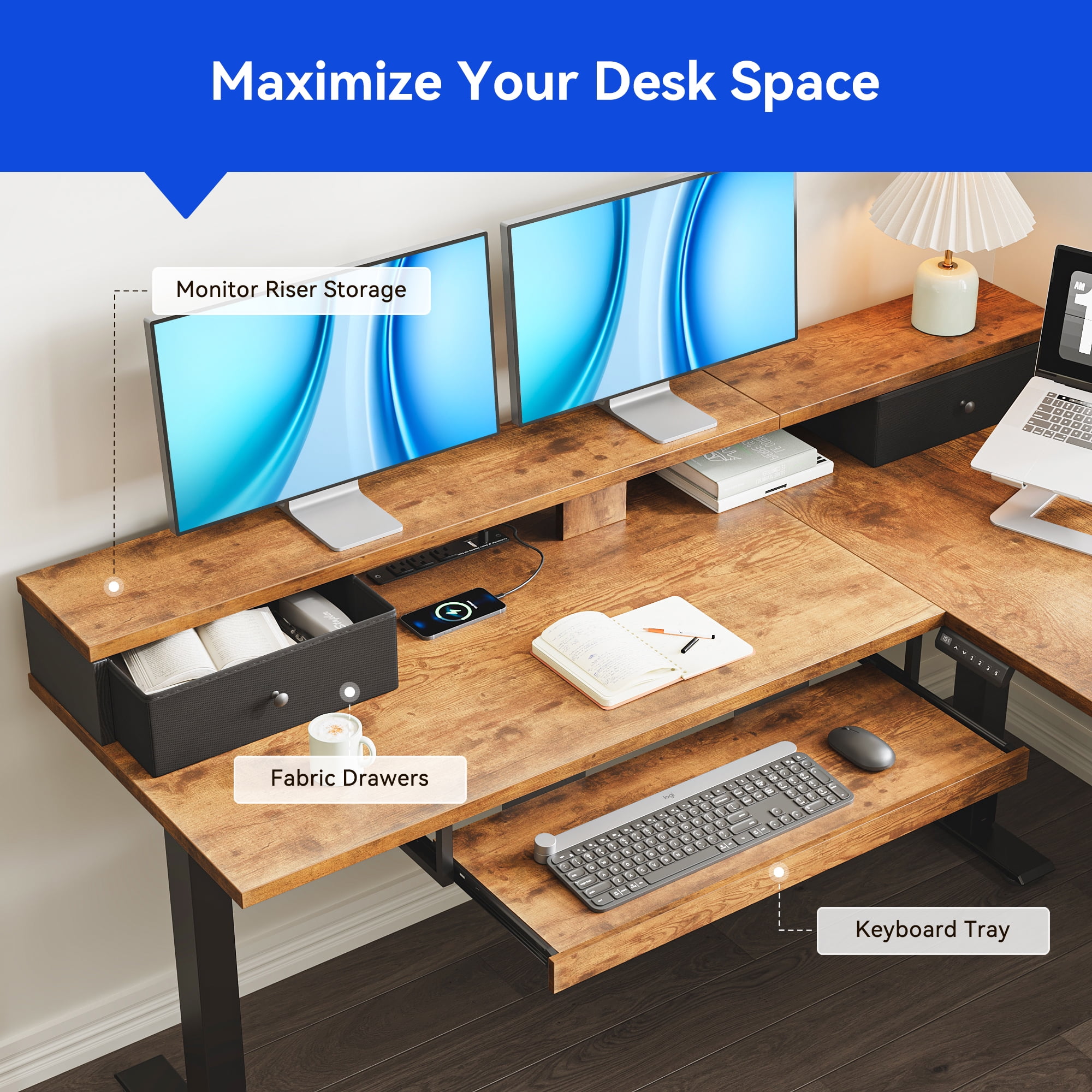 L-Shaped Electric Standing Desk, Height Adjustable Corner Desk with Fabric Drawers, Computer Desk with Monitor Shelf & Keyboard Tray, 3 Power Outlets & 2 USB Ports, Black