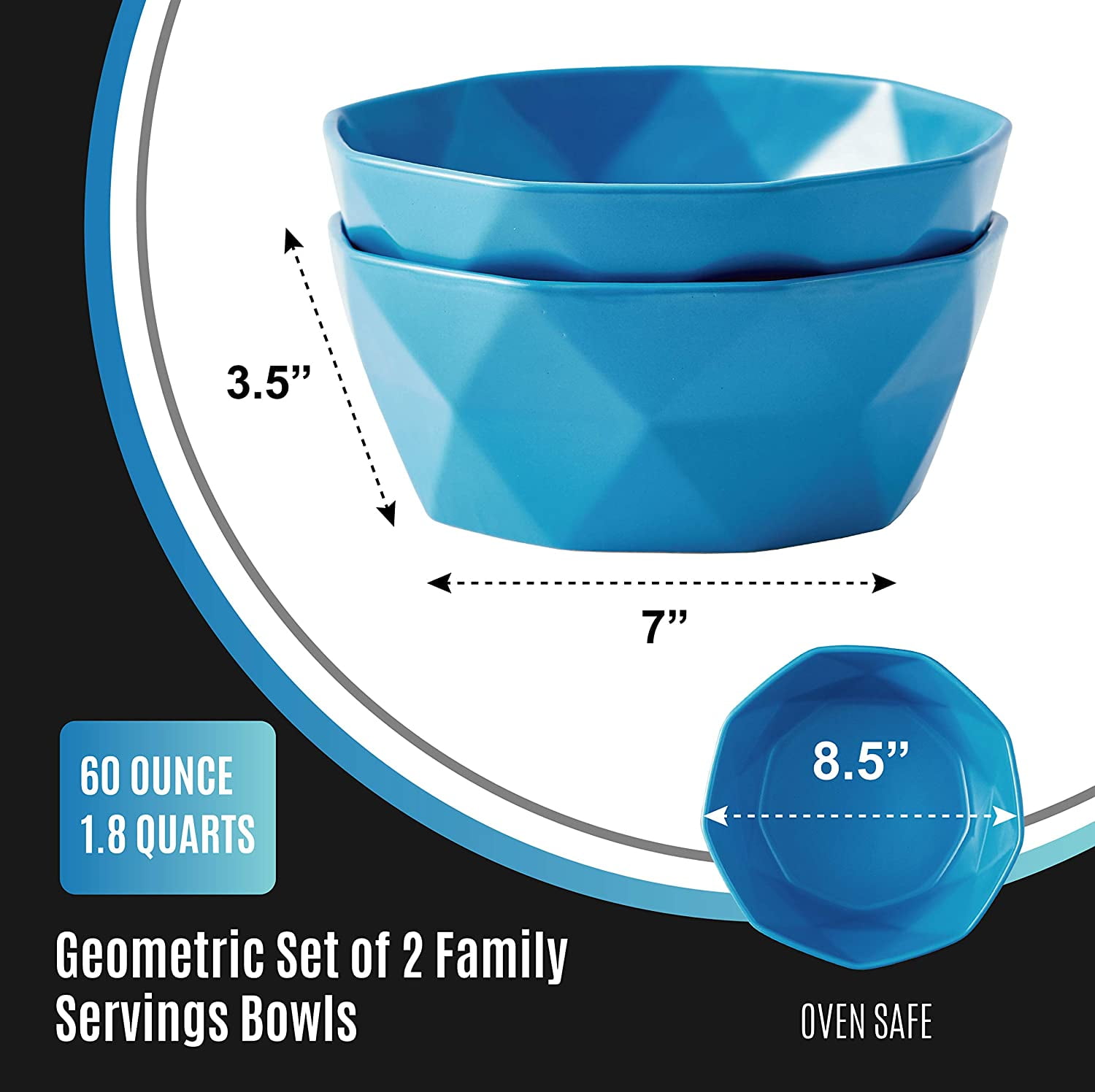 Bruntmor Ceramic Geometric Dessert Bowls Set of 2 Serving Bowls 1.8 Quart White 