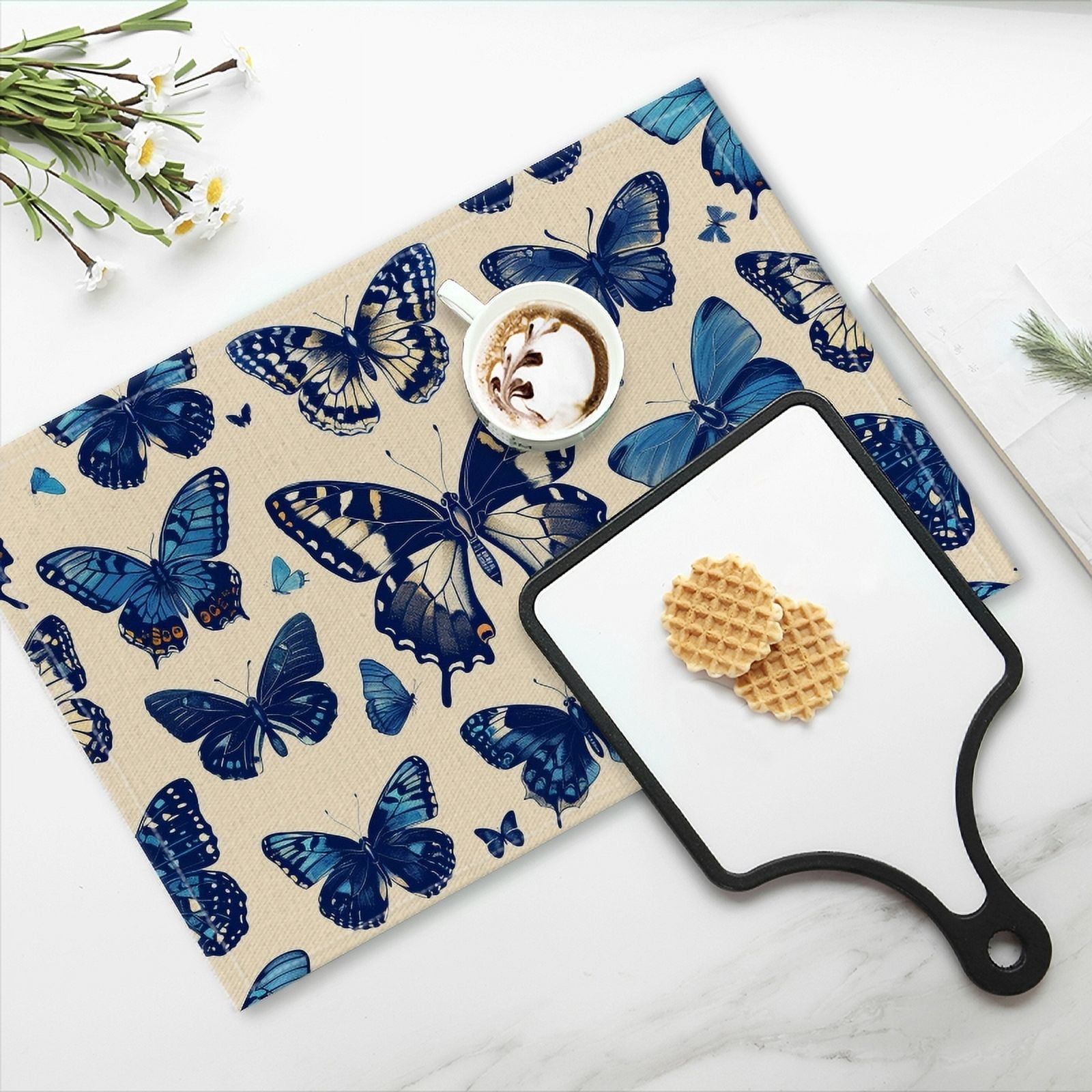 BaHomeck placemats Set of 4 Blue Butterflies With Wings Spread Wide And Delicate Cotton Linen rectangle Placemats for Kitchen Dining Table Indoor,Outdoor,18*12inch