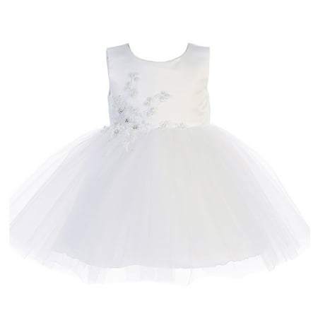 White Satin Tulle Dress - Baby Girls White Satin Embroidered Applique Tulle Flower Girl Dress