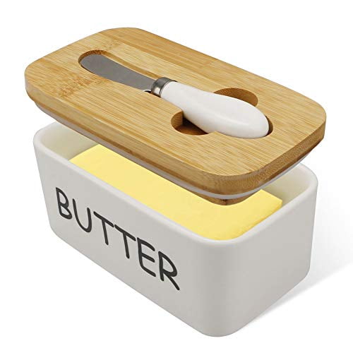 Porcelain Butter Dish with Bamboo Lid and Knife Airtight Silicone