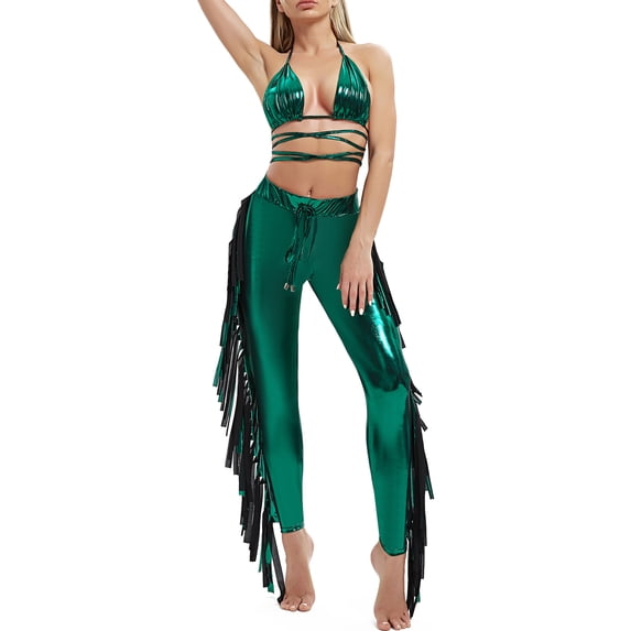 Women's Long Pants Outfits, Solid Color Halter Bandage Bra Tops + Tassel Decor Pants Shining Set