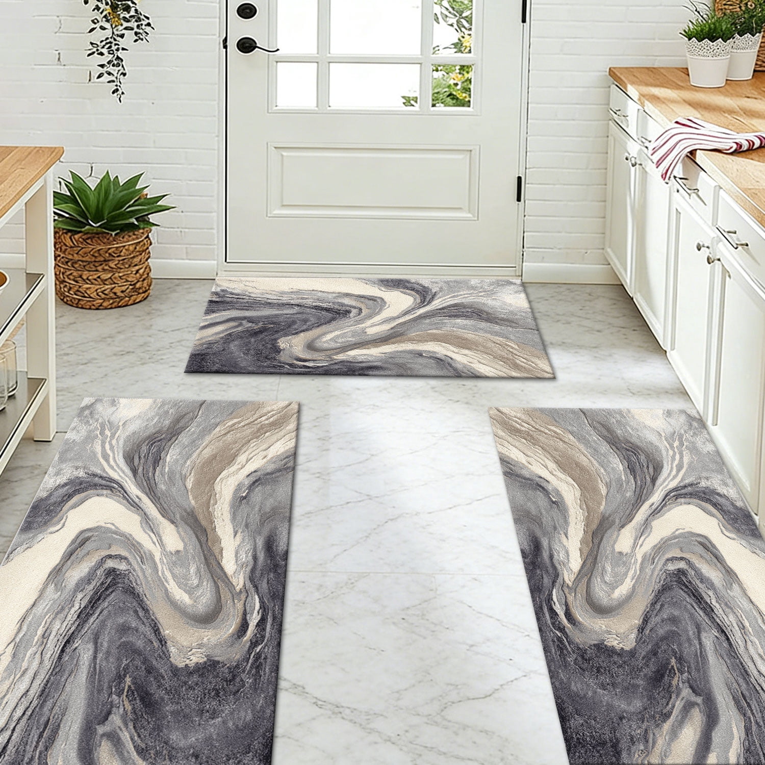 Three-Piece Kitchen Rug Set, Abstract Pattern Kitchen Hallway Rug, Soft And Comfortable, Suitable for Sinks, Floors, Entrances, Hallways, Bathrooms
