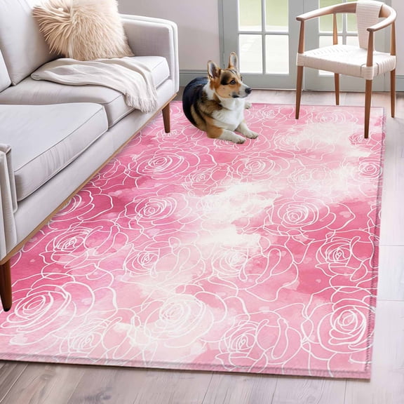 3'x5' Rug for Living Room Bedroom, Valentine's Day Washable Area Rugs Non-Slip Carpet Mats, Watercolor Roses Floral Ombre Romantic Indoor Low Pile Area Rug Runner for Kitchen, Mudroom