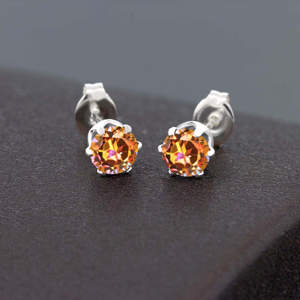 Gem Stone King Round Shape Orange Mystic Topaz 1.20 Ct in Silver Plated Brass Stud Earrings for Women Men