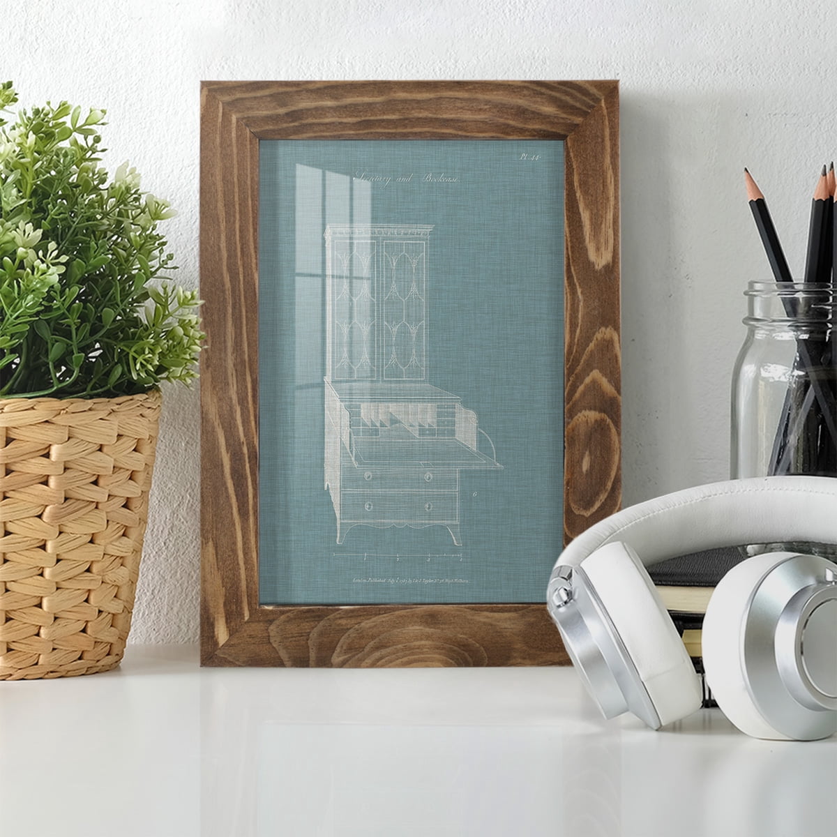 Hepplewhite Desk & Bookcase I - Framed Print w/glass - Walnut