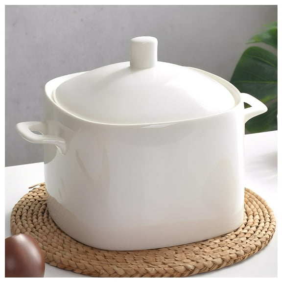 Ceramic soup tureen with ladle, round serving bowl with double handles, casserole dish, decorative tableware for cereal, stew, chilli, miso soup