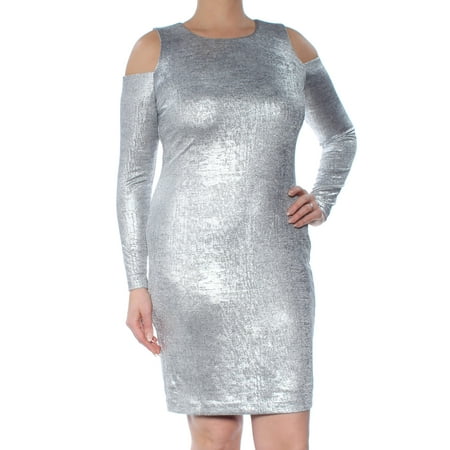 CALVIN KLEIN Womens Silver Cold Shoulder Long Sleeve Jewel Neck Above The Knee Body Con Cocktail Dress Petites Size: 12