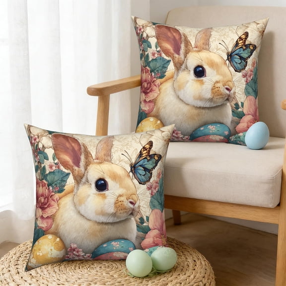 Happy Easter Throw Pillow Covers 18x18 Set of 2,Cute Bunny Eggs Flowers Pillowcases for Sofa Couch Living Room