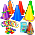 thumbnail image 1 of Juego 3 en 1 para carnaval, conos de plástico blando, bolsas de frijoles, juegos de lanzamiento de aros para fiestas de cumpleaños infantiles Xtellar multicolor, 1 of 3
