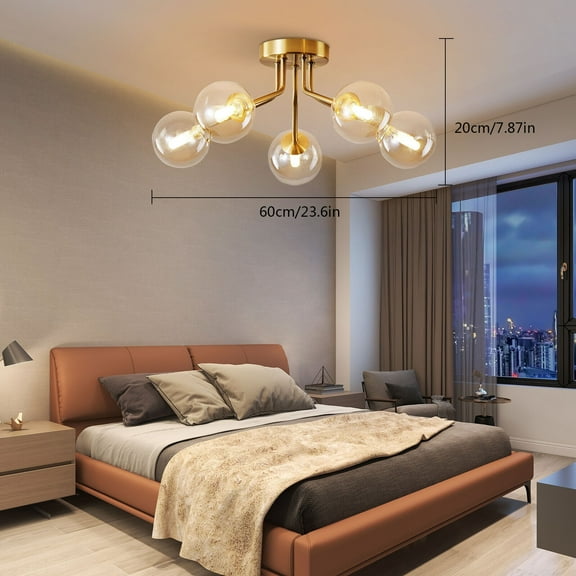 Modern Flush Mount Ceiling Light, Gold Brushed Brass Finish with Double Glass Balls, Includes 5 G9 Bulbs, for Living Room, Bedroom, and More