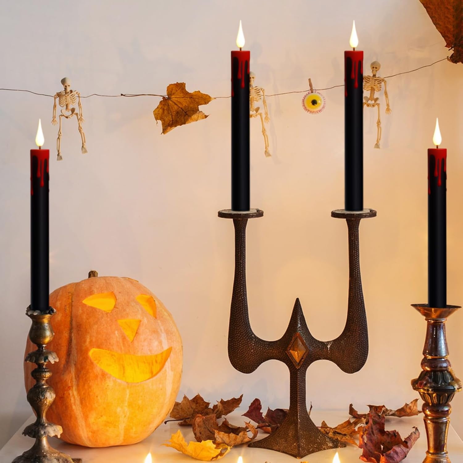 Halloween Black Flameless Taper Candles with Remote Timer, 6Pcs Red Drip LED Candlesticks with 3D Flickering Flame for Home Fall Indoor Halloween Decor(0.78 x 8.9 Inches)