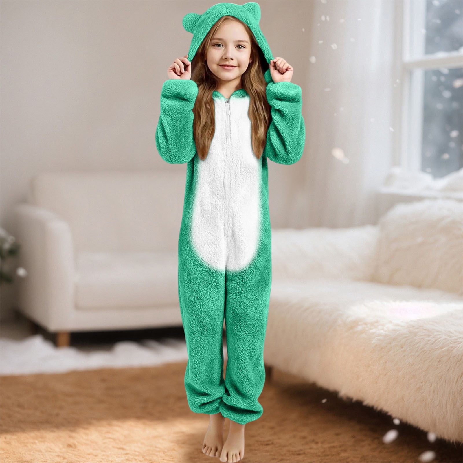 YunPes Girls Fleece Onesie Warm Animal Fleece Bed Jumpsuit Kids Cute Winter Plain Zip Up Long Sleeve Soft Fuzzy Bear Hooded Romper