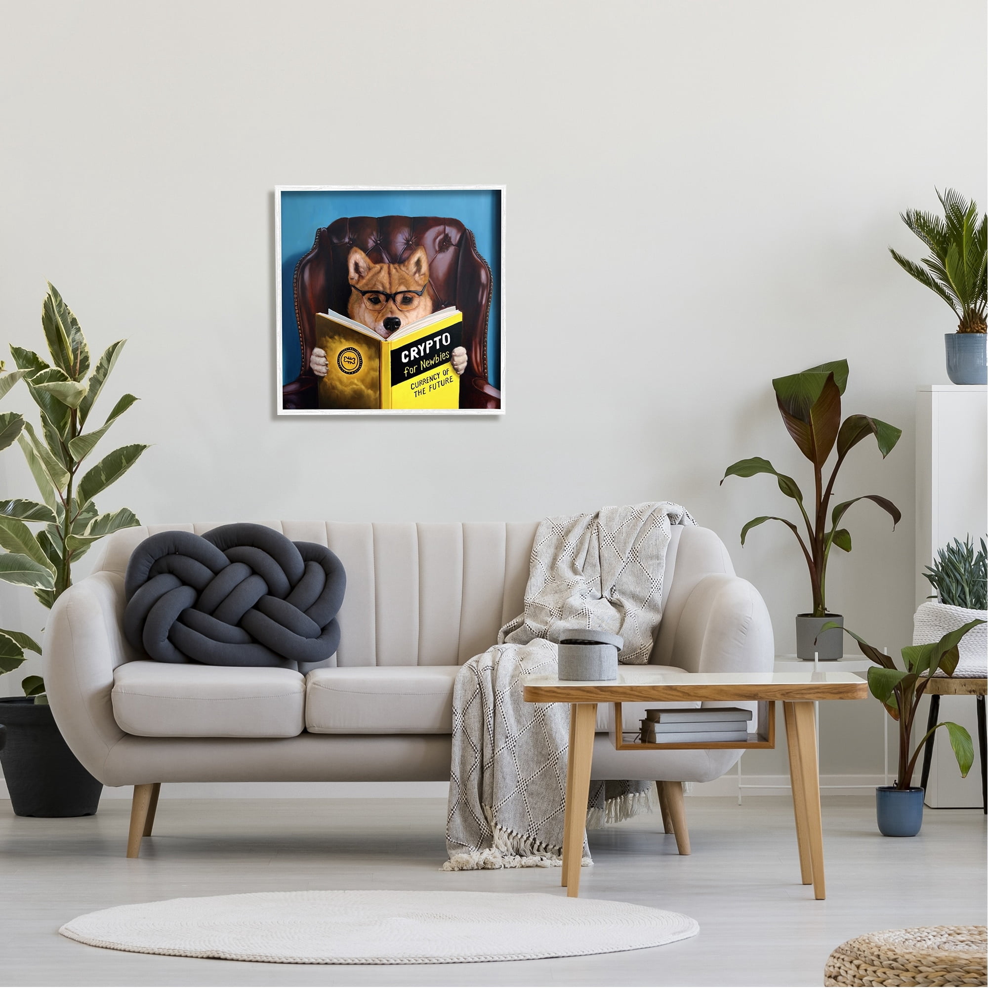 Stupell Industries Crypto For Newbies Funny Dog Reading Book Armchair Painting White Framed Art Print Wall Art, Design by Lucia Heffernan
