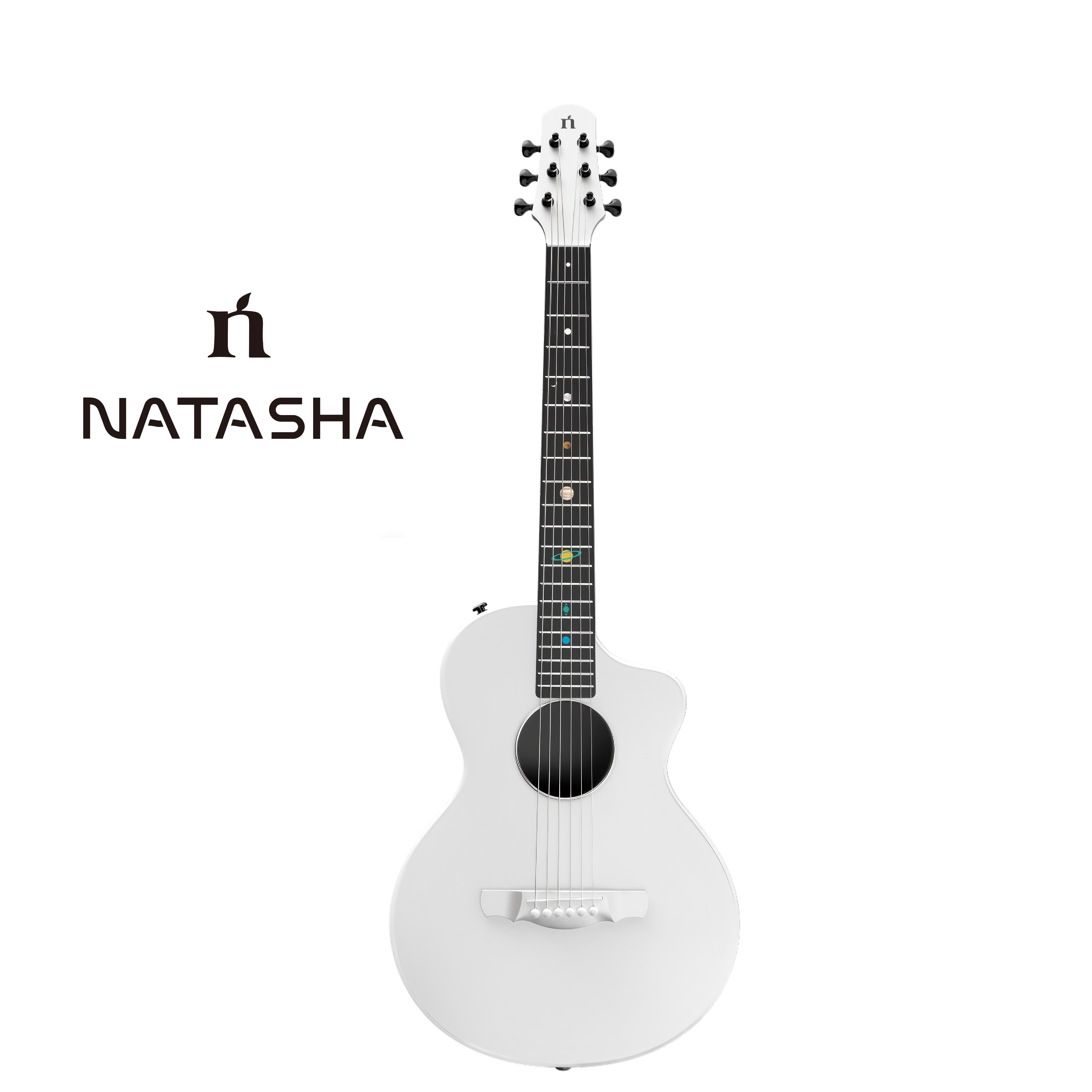 Natasha Solar System Asteroid Carbon Fiber White 38-inch Folk Guitar. Premium guitar case and fretboard cleaning cloth.