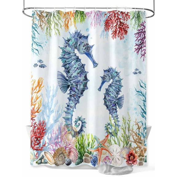 Fsddascl Seahorse Coastal Shower Curtain Set - 48" x 72" Washable Bathtub Curtain with 12 Hooks, Blue Nautical Summer Beach Ocean Waterproof Fabric Stall Shower Curtains for Bathroom/Bathtub Décor
