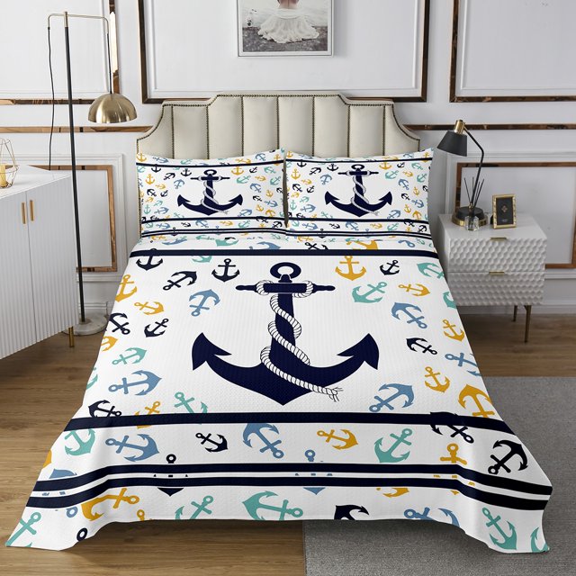 Erosebridal Colorful Anchor Print Coverlet Set King, Nautical Bedding Set 3-Piece
