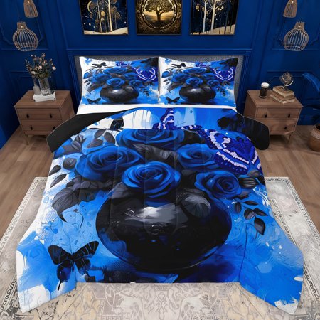 Feelyou Romantic Blue Rose Bedding Comforter Set for Adult Dreamy Butterfly Twin Comforter Sets Fashion Oil Printing Reversible Bedding Set Luxury Bedroom Decor 2pcs