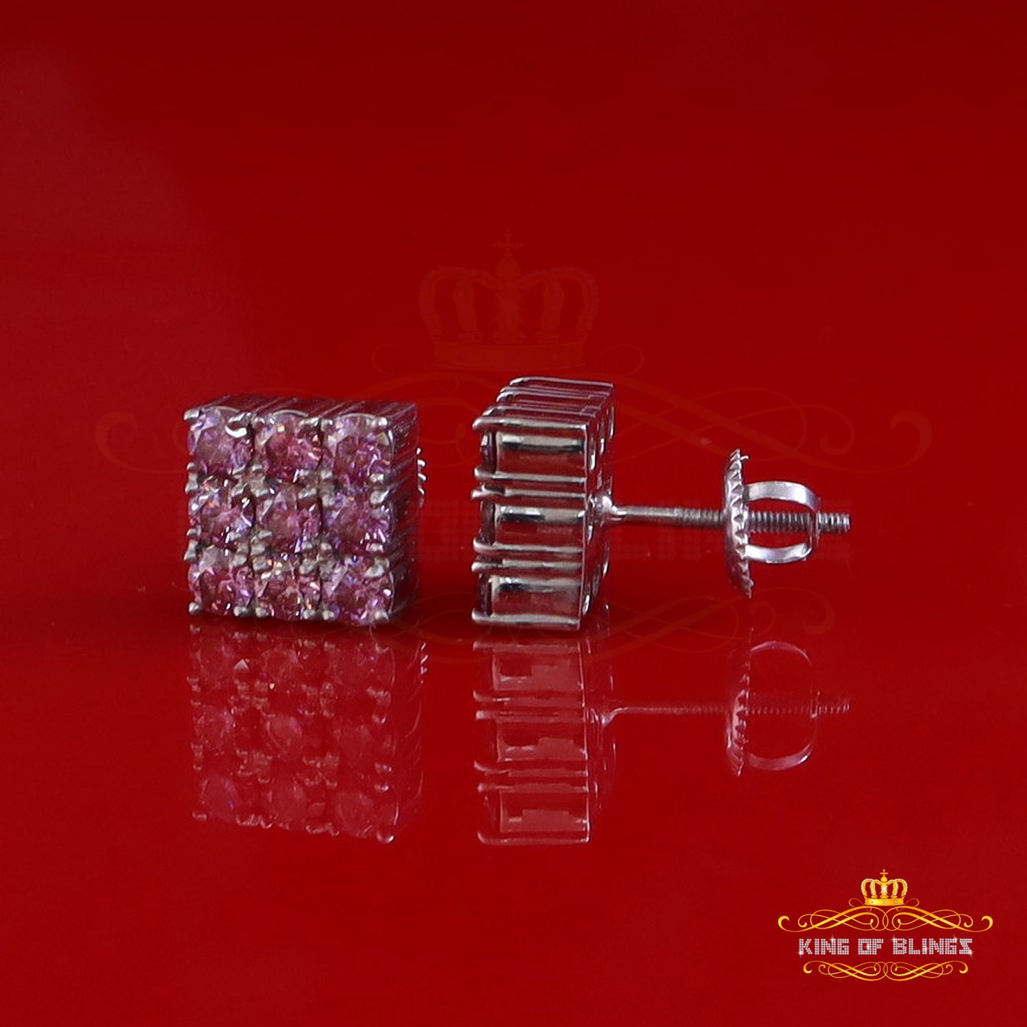 King of Bling's 925 Silver White 2.25ct VVS D Pink Moissanite Men's/Women's Square Stud Earrings