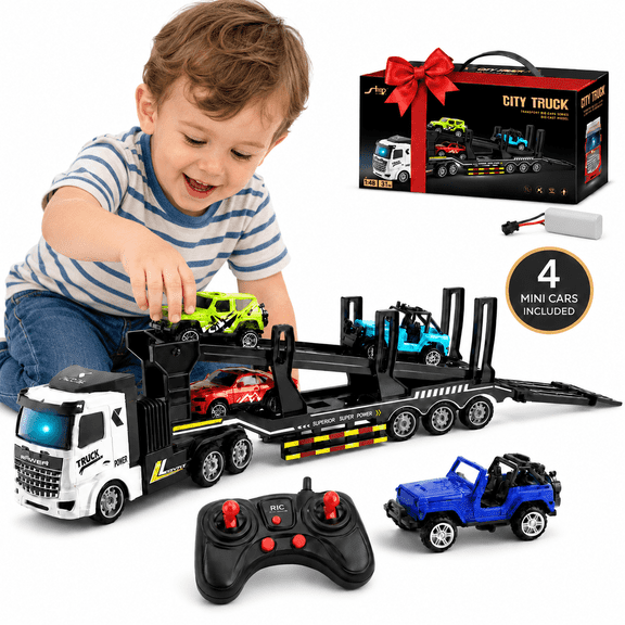 Monqistar Transporter Truck Toys for Boys, Construction Vehicles Toys, Carrier Car Truck Vehicle with 4 Mini Car, Birthday Gifts Kids Toys for 3-8 Years Old