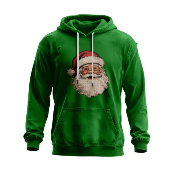 Vintage Christmas Santa Claus Print Hoodie, Distressed Xmas Long Sleeve Pullovers Color: Dark Green Size: XXXXXL